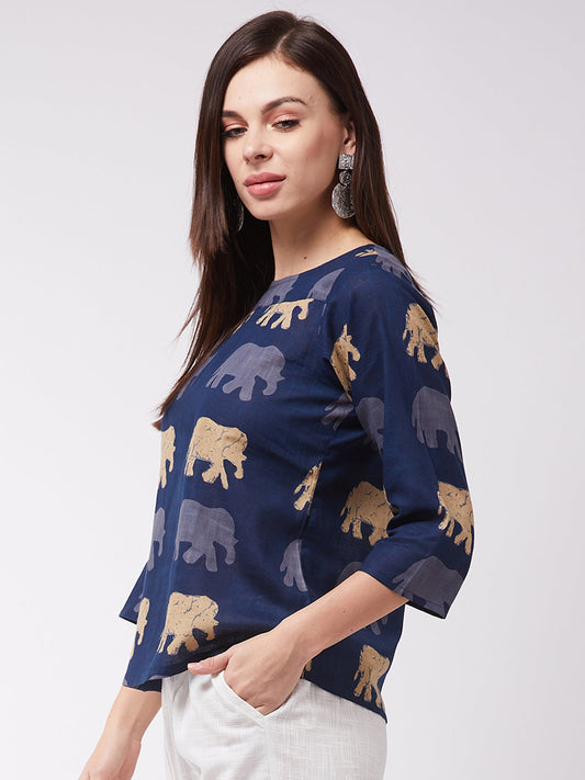 InWeave Elephant Print Blue Top - Swadesiicart