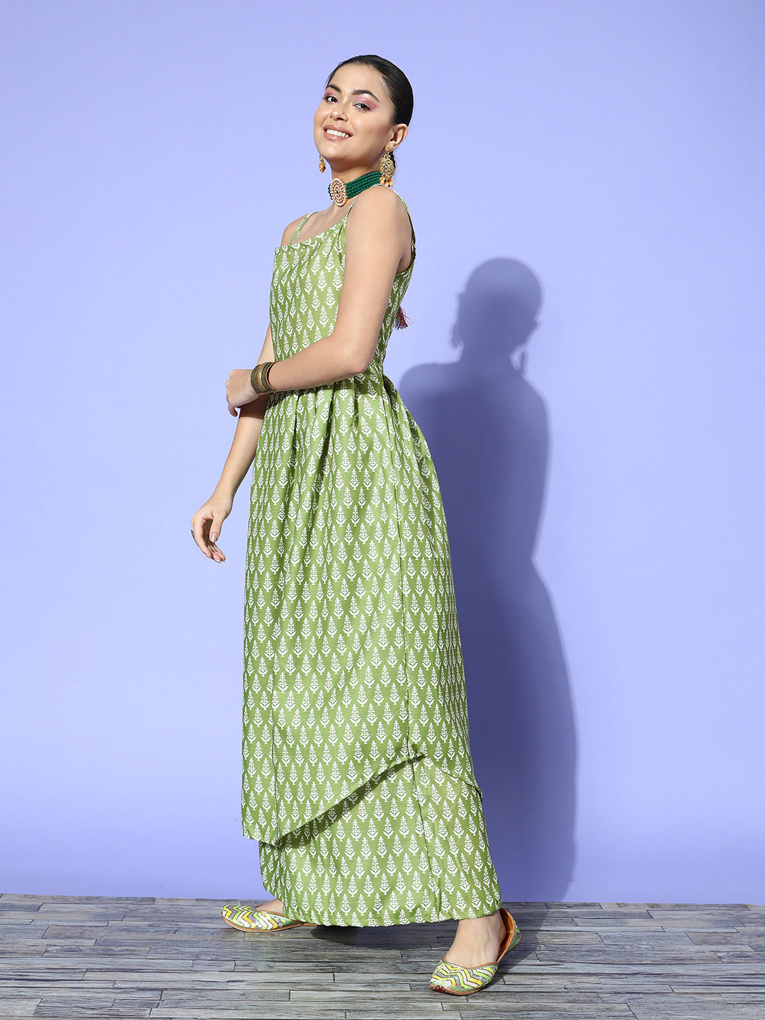 InWeave Women's Green Small Boota Print Strappy Set With Dupatta - Swadesiicart