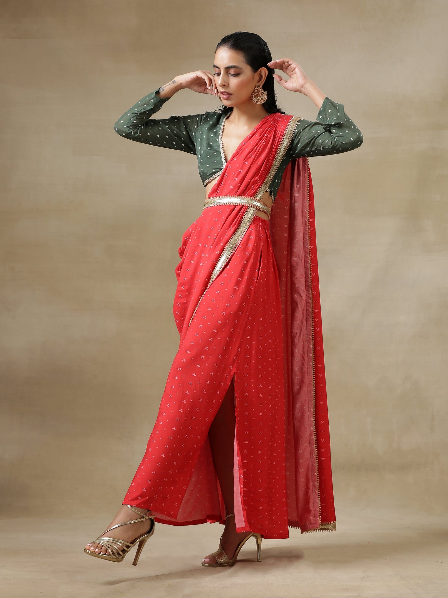 trueBrowns Red Bandhani Printed Silk Skirt Stitched Saree with Belt | Swadesiicart