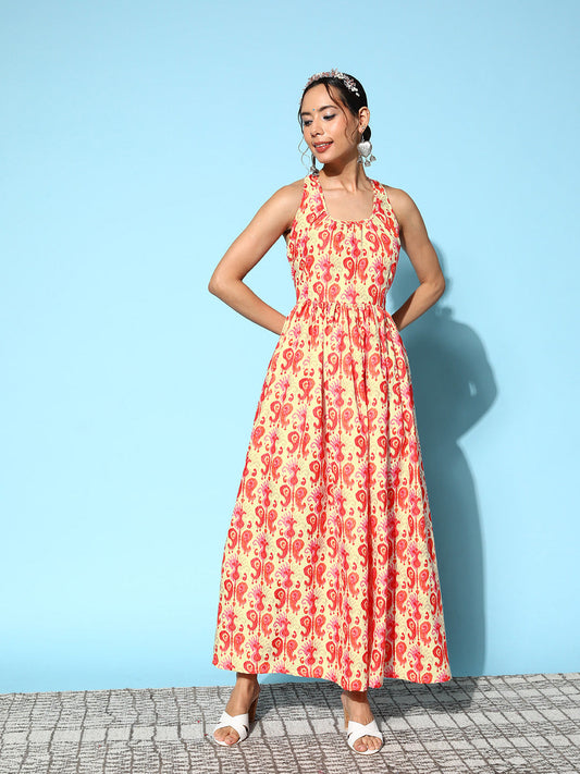 InWeave Women's Orange Paisley Print Raisa Back Detail Dress - Swadesiicart