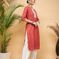 InWeave Women's Rust Small Floral Print Lace Straight Kurta - Swadesiicart