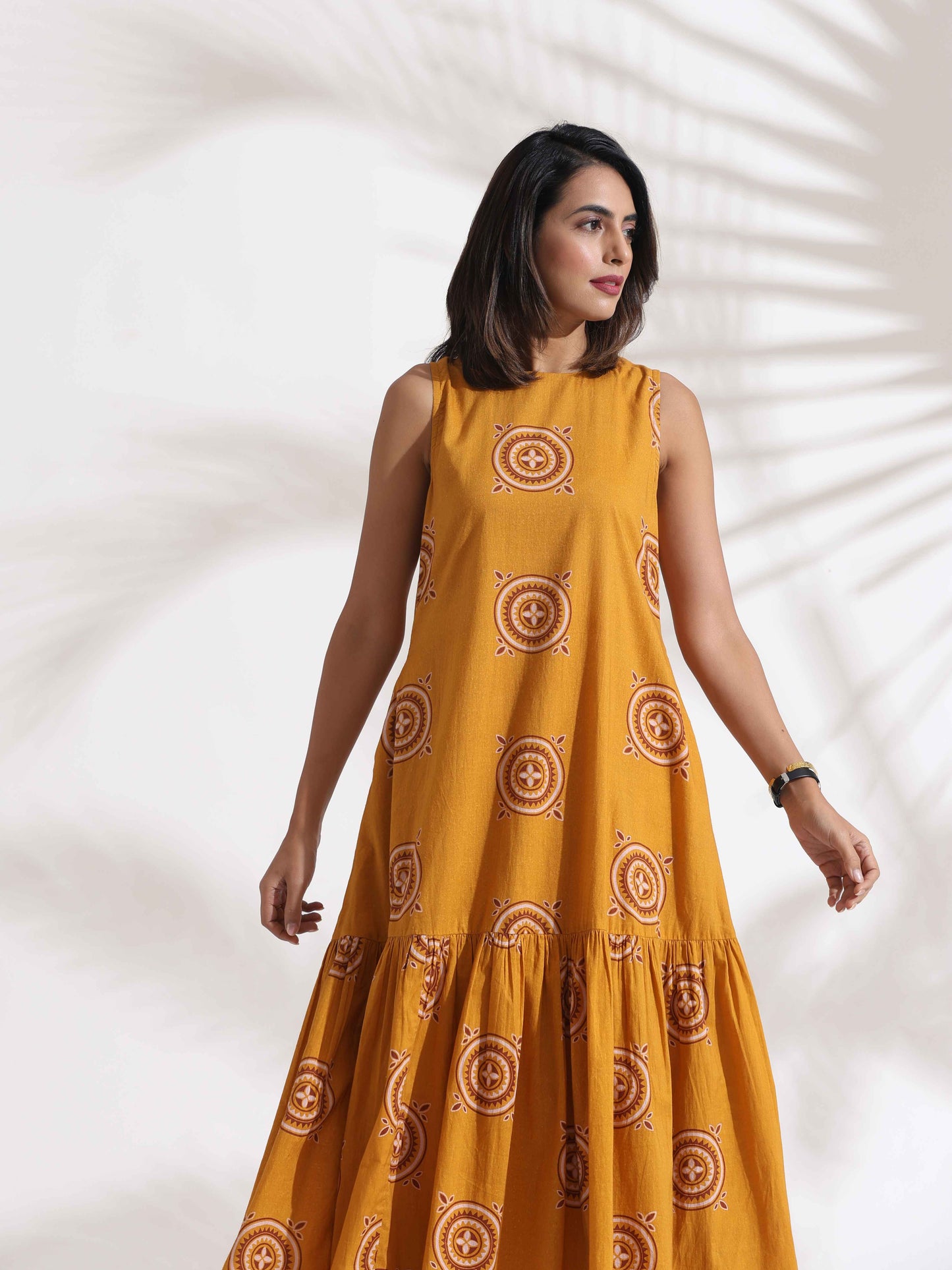 trueBrowns Mustard Cotton Print Tier Dress | Swadesiicart