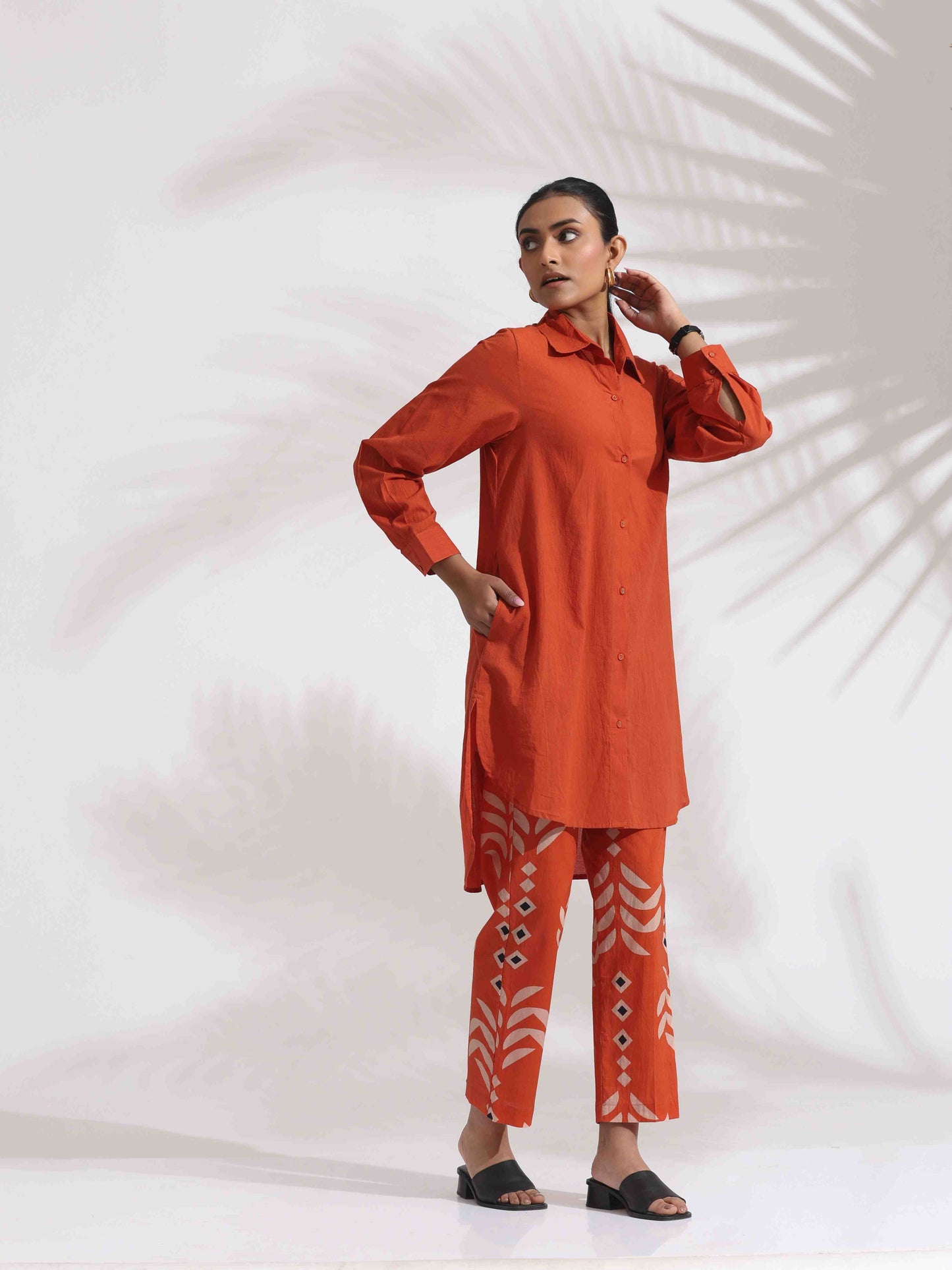 trueBrowns Orange Cotton Solid Shirt Kurta Co-ord Set - Swadesiicart