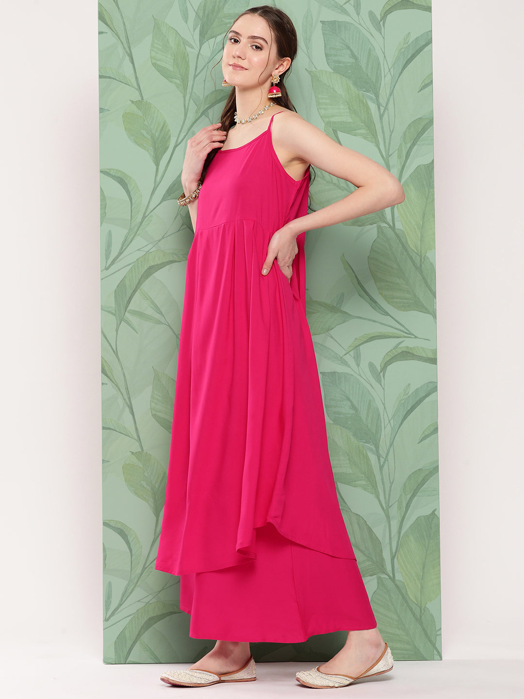 InWeave Women's Fuchsia Strappy Set W Dark Green Camelia Or Dupatta - Swadesiicart