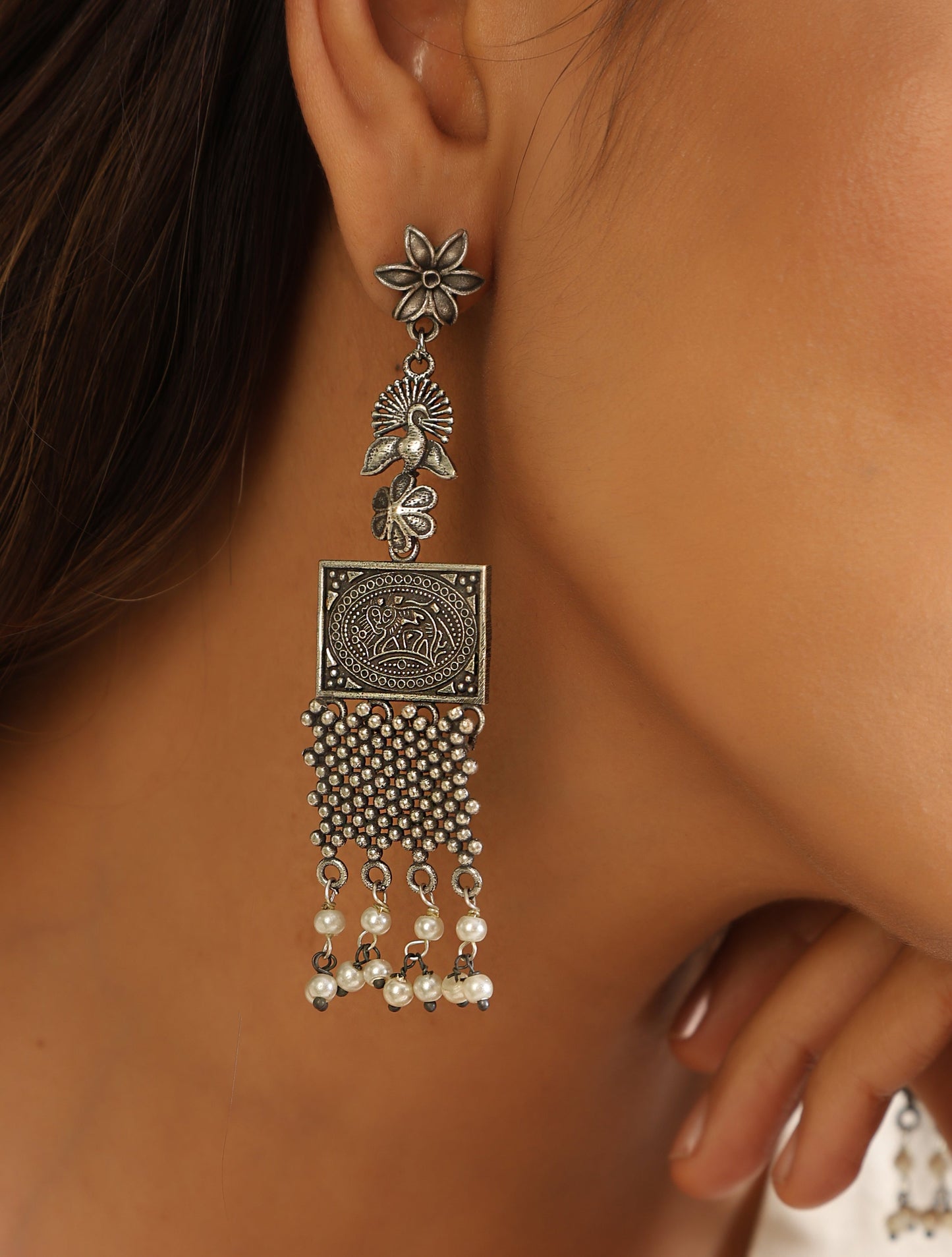 trueBrowns Silver Peacock Earrings | Swadesiicart