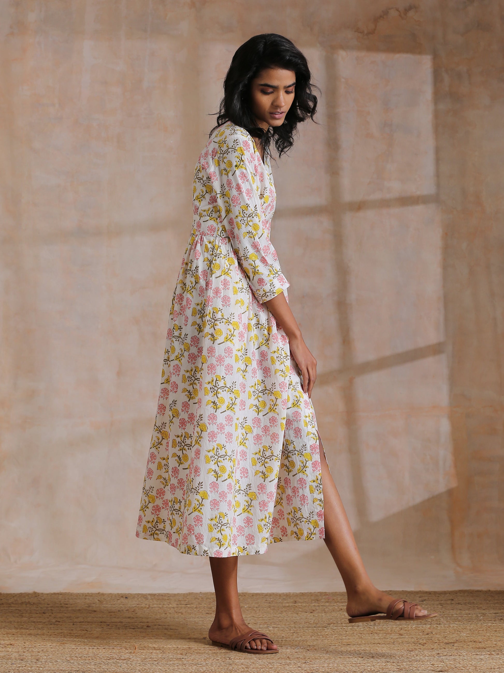 trueBrowns Pink Yellow Floral On White Block Print Cotton Wrap Dress | Relove | Swadesiicart