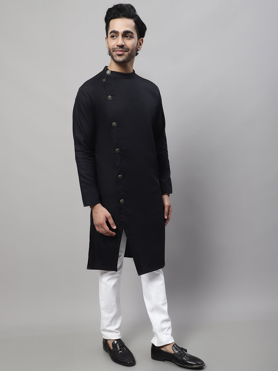 Even Apparels Black Sherwani Kurta With Asymetrical Cut | Swadesiicart