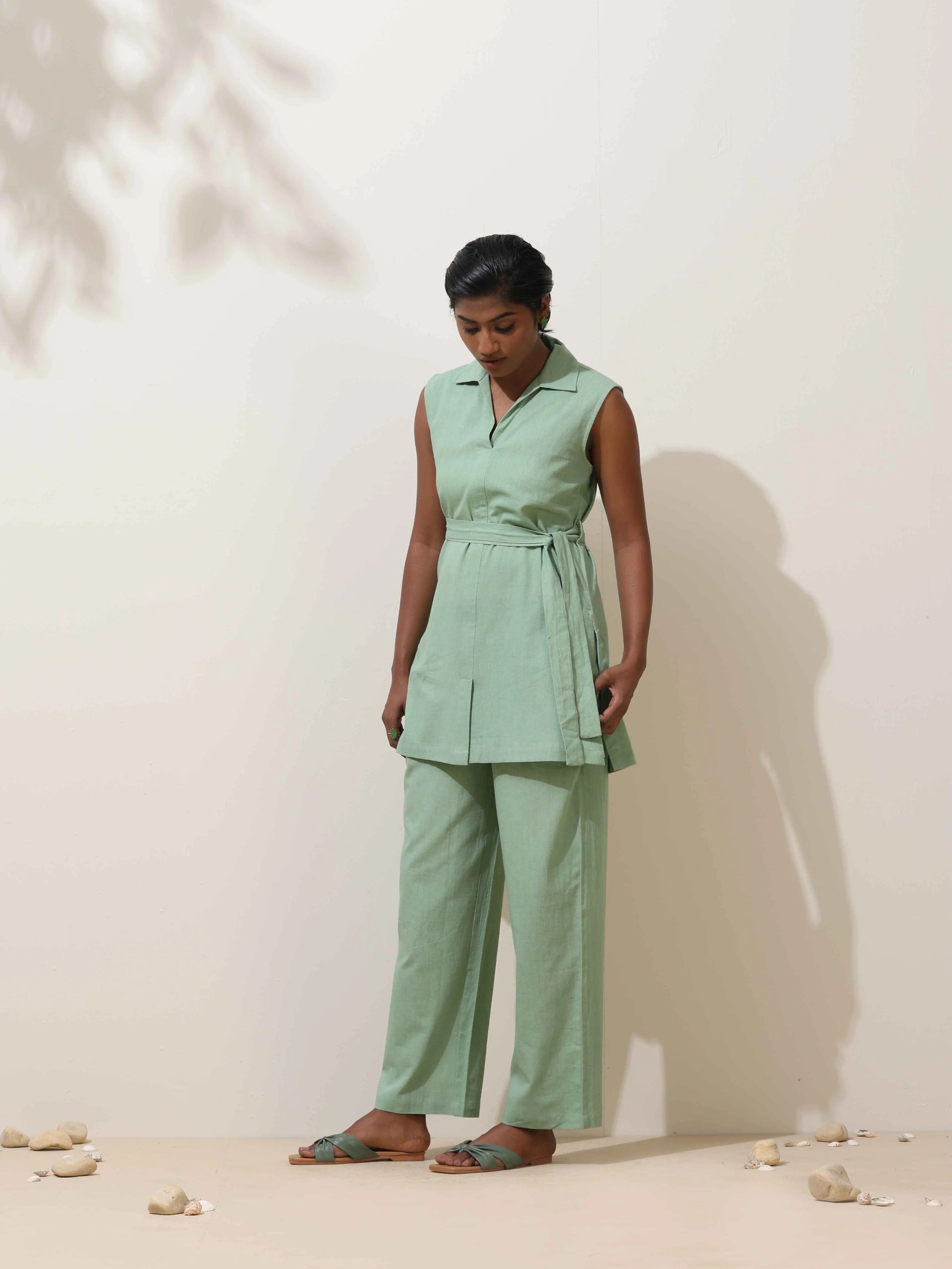 trueBrowns Mint Green Cotton Linen Co-Ord Set - Swadesiicart