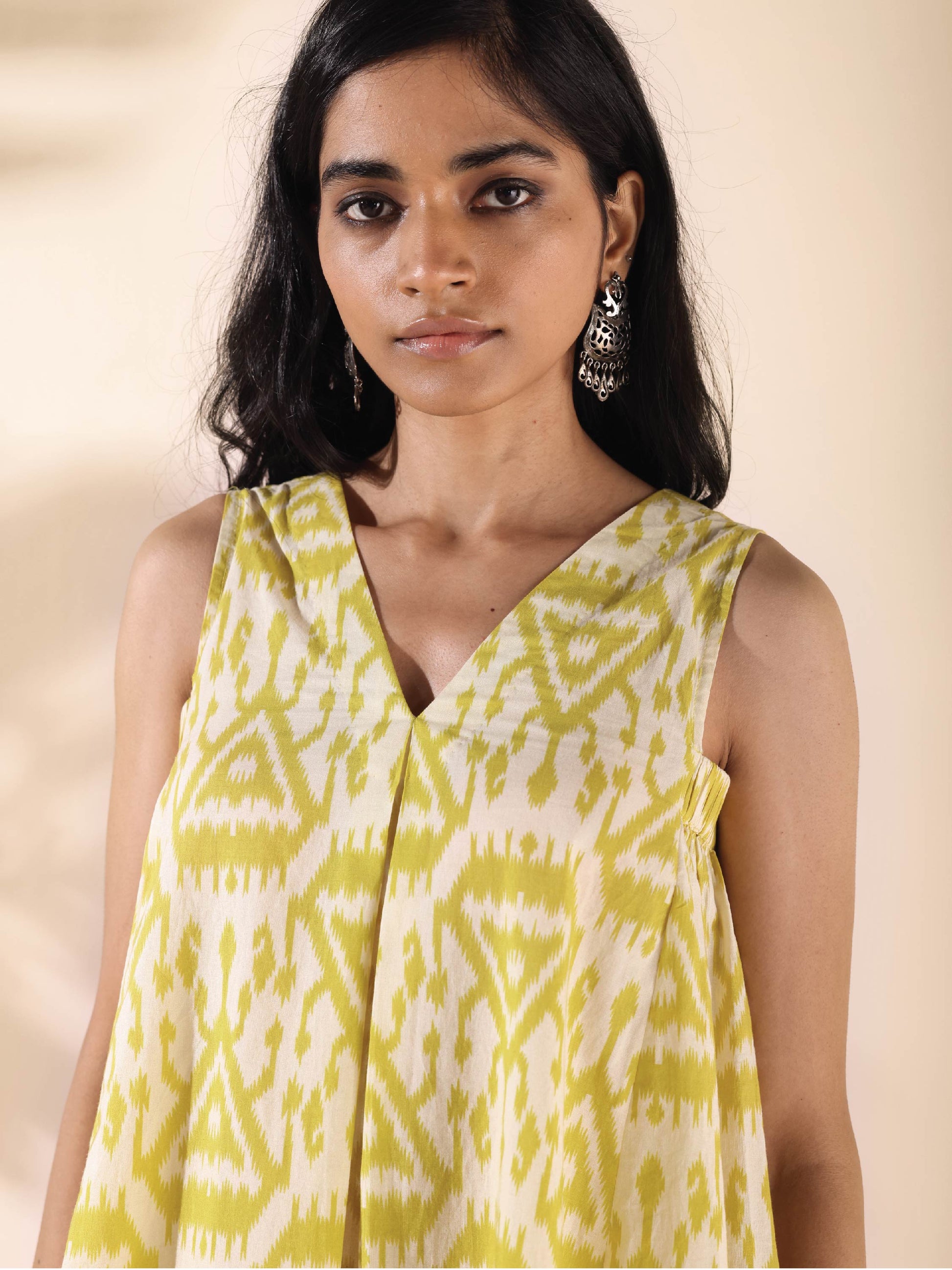 trueBrowns Lime Cotton Ikat Sleeveless Co-ord Set - Swadesiicart