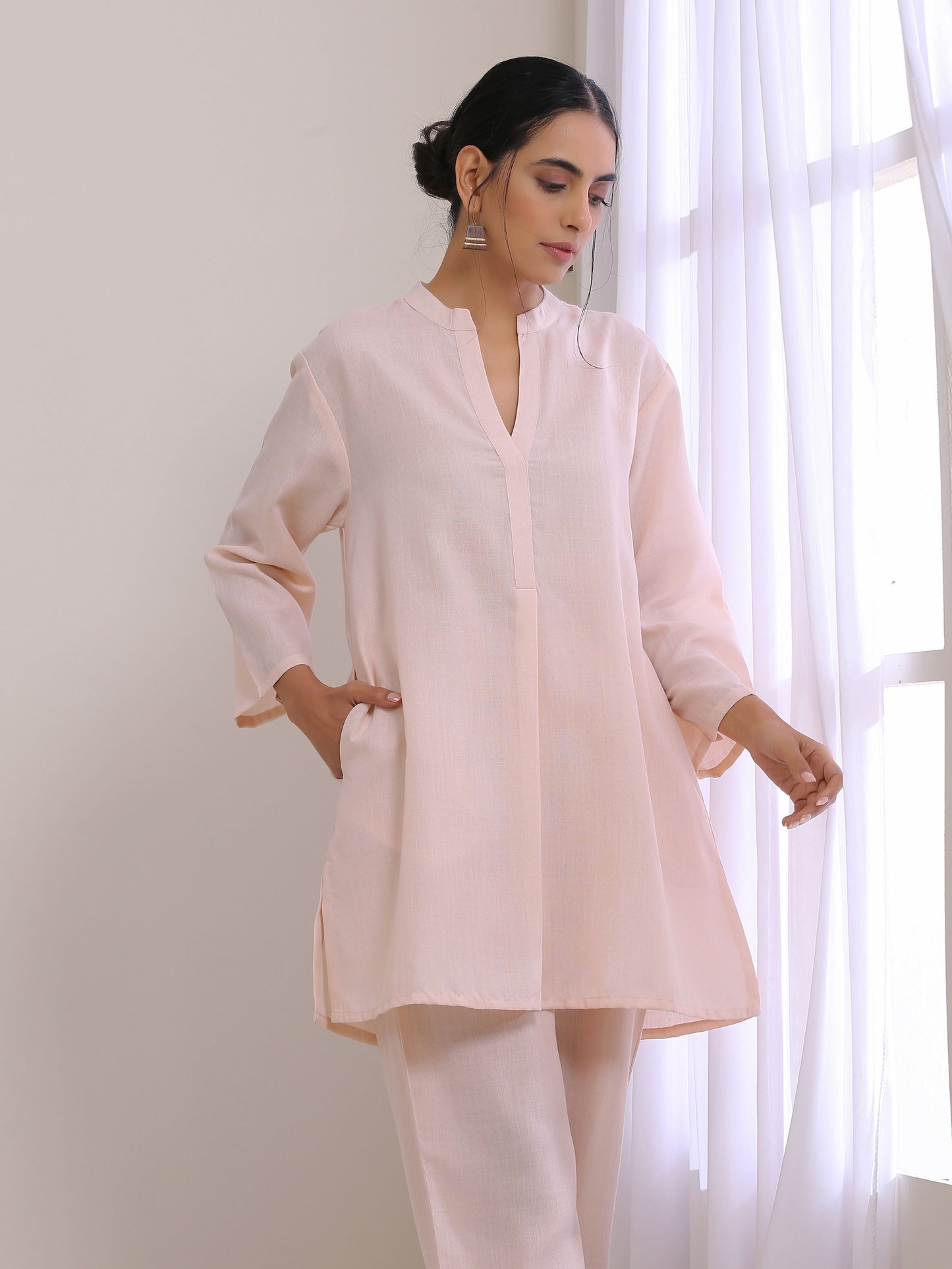 trueBrowns Pink Slub Relaxed Fit Co-Ord Set - Swadesiicart