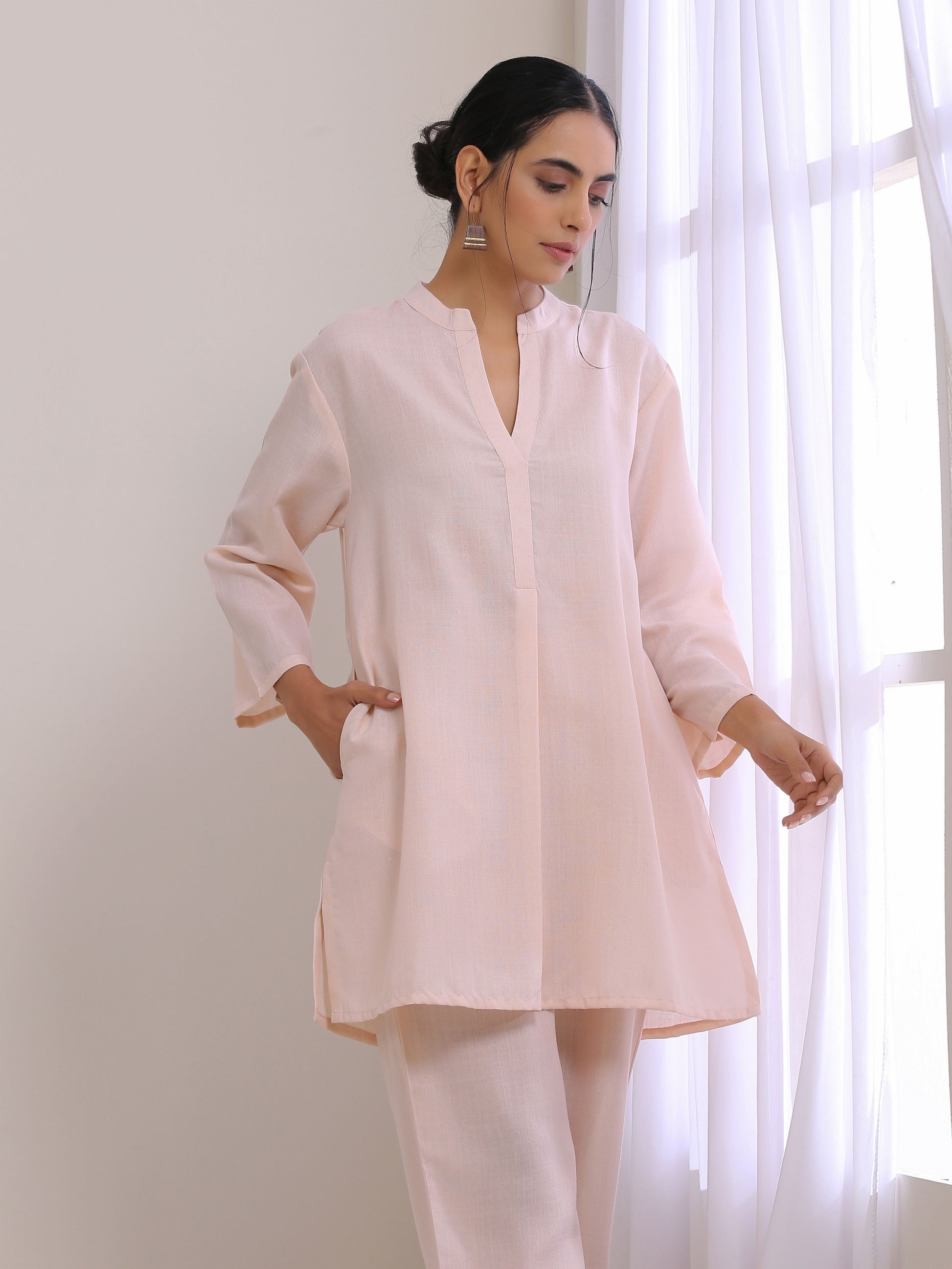 trueBrowns Pink Slub Relaxed Fit Co-Ord Set - Swadesiicart
