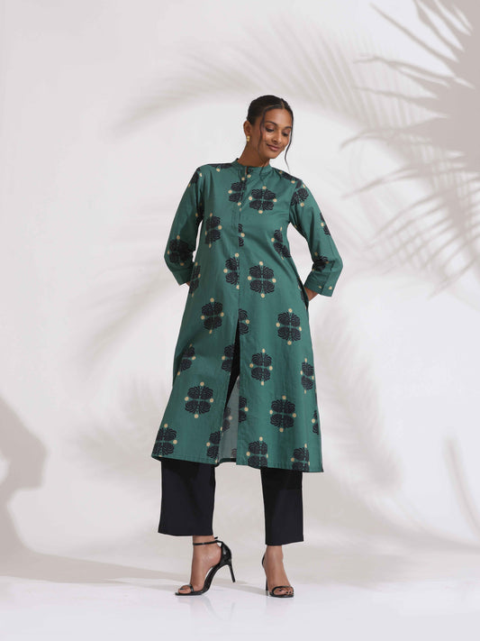 trueBrowns Green Cotton Print Front Slit Kurta Set | Swadesiicart