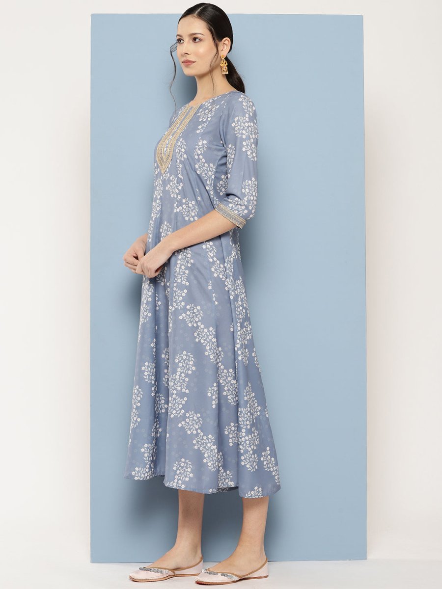 Ahalyaa Floral Printed Midi A-Line Ethnic Dress | Swadesiicart