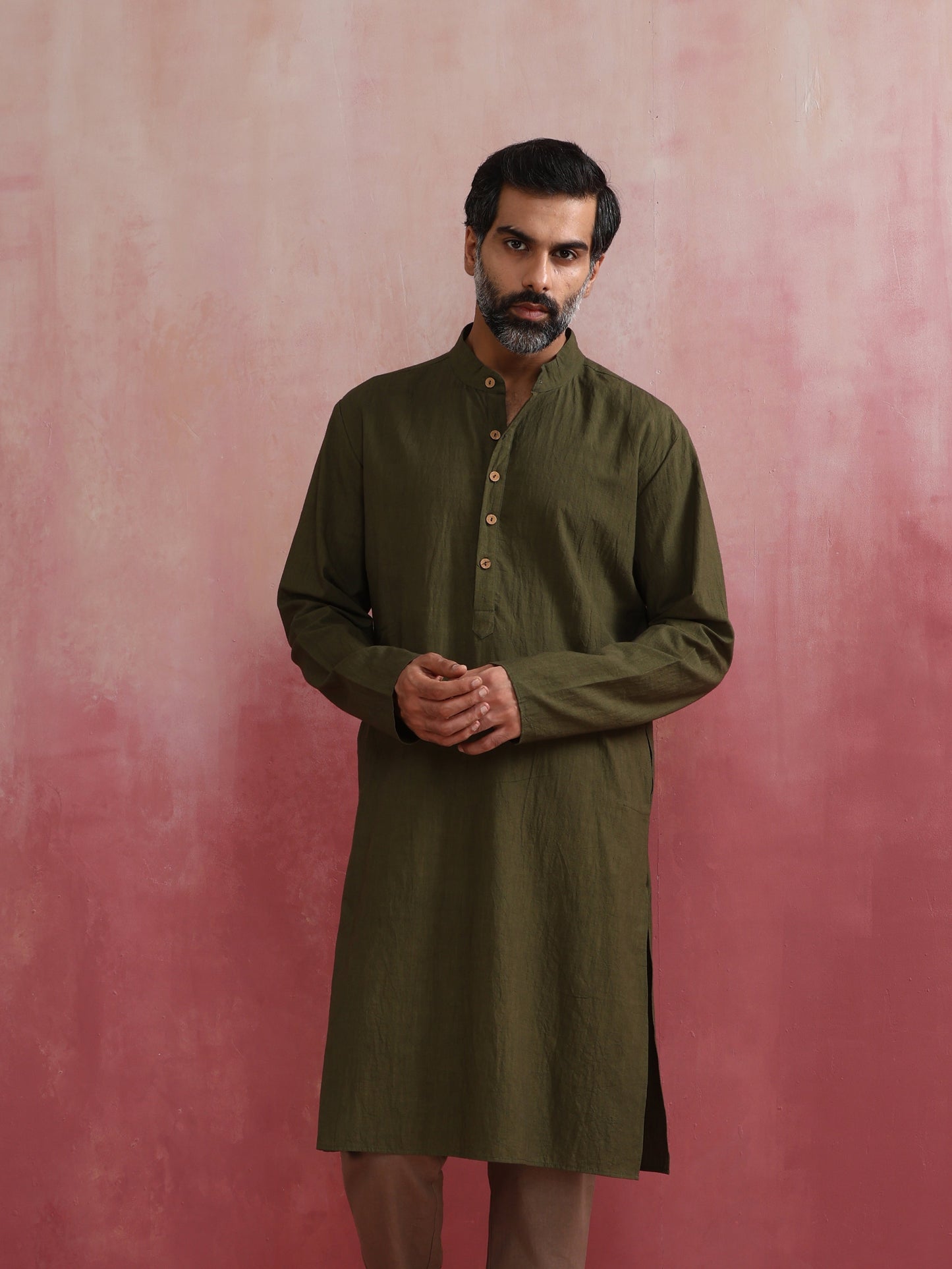 trueBrowns Men's Olive green Mandarin Collar Kurta | Swadesiicart