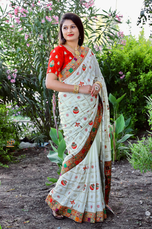 Lorenvalley Fashion Premium White Dola Silk Embroidery and Diamond work with Jacquard Lace Border Saree - Swadesiicart