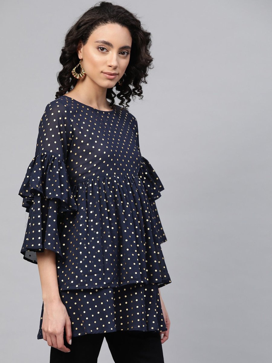 Ahalyaa Women Navy Blue & Golden Polka Dots Print Tiered Beautiful Tunic | Swadesiicart