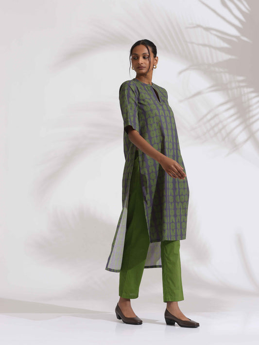 trueBrowns Grey Cotton Print Highlow Kurta Set | Swadesiicart