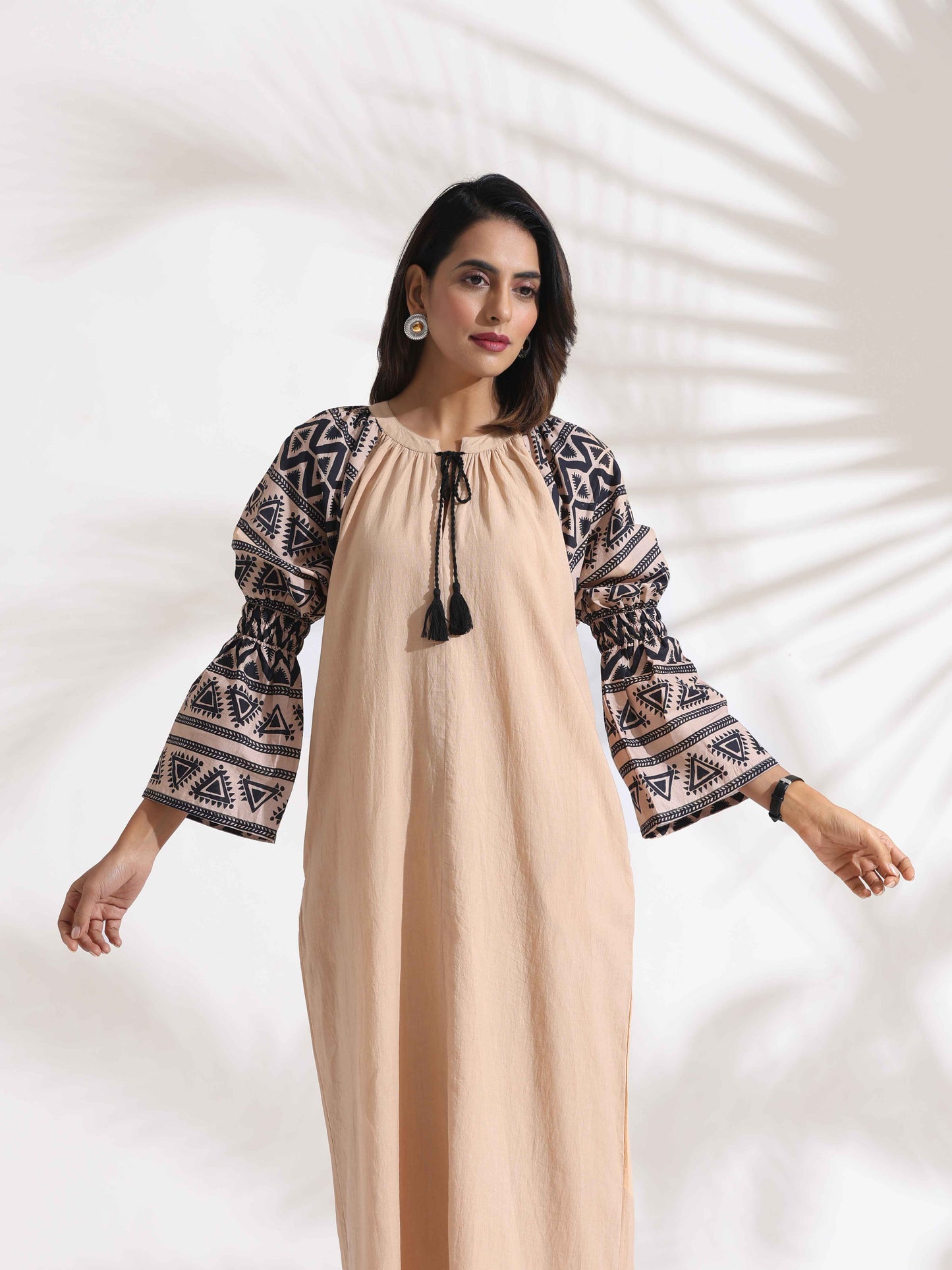 trueBrowns Beige Cotton Print Long Dress | Swadesiicart