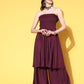 InWeave Women's Wine Mirror Work Off Shoulder Kurta Set - Swadesiicart