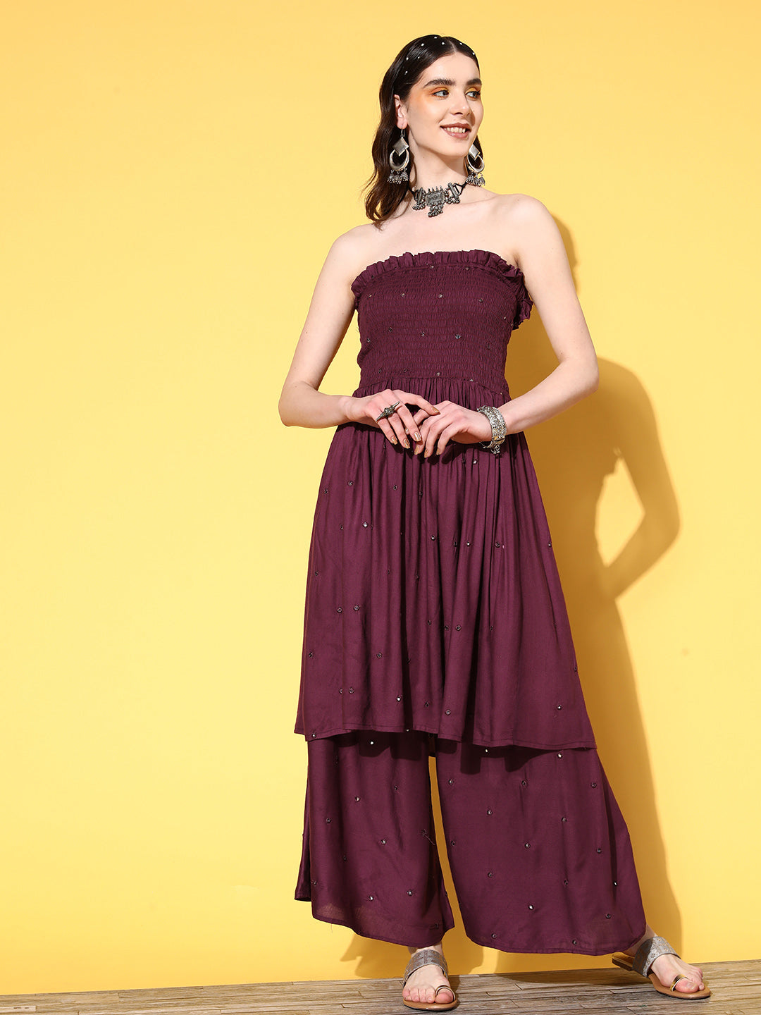 InWeave Women's Wine Mirror Work Off Shoulder Kurta Set - Swadesiicart