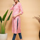 InWeave Women's Light Pink Floral Print Straight Angrakha Gota Kurta - Swadesiicart