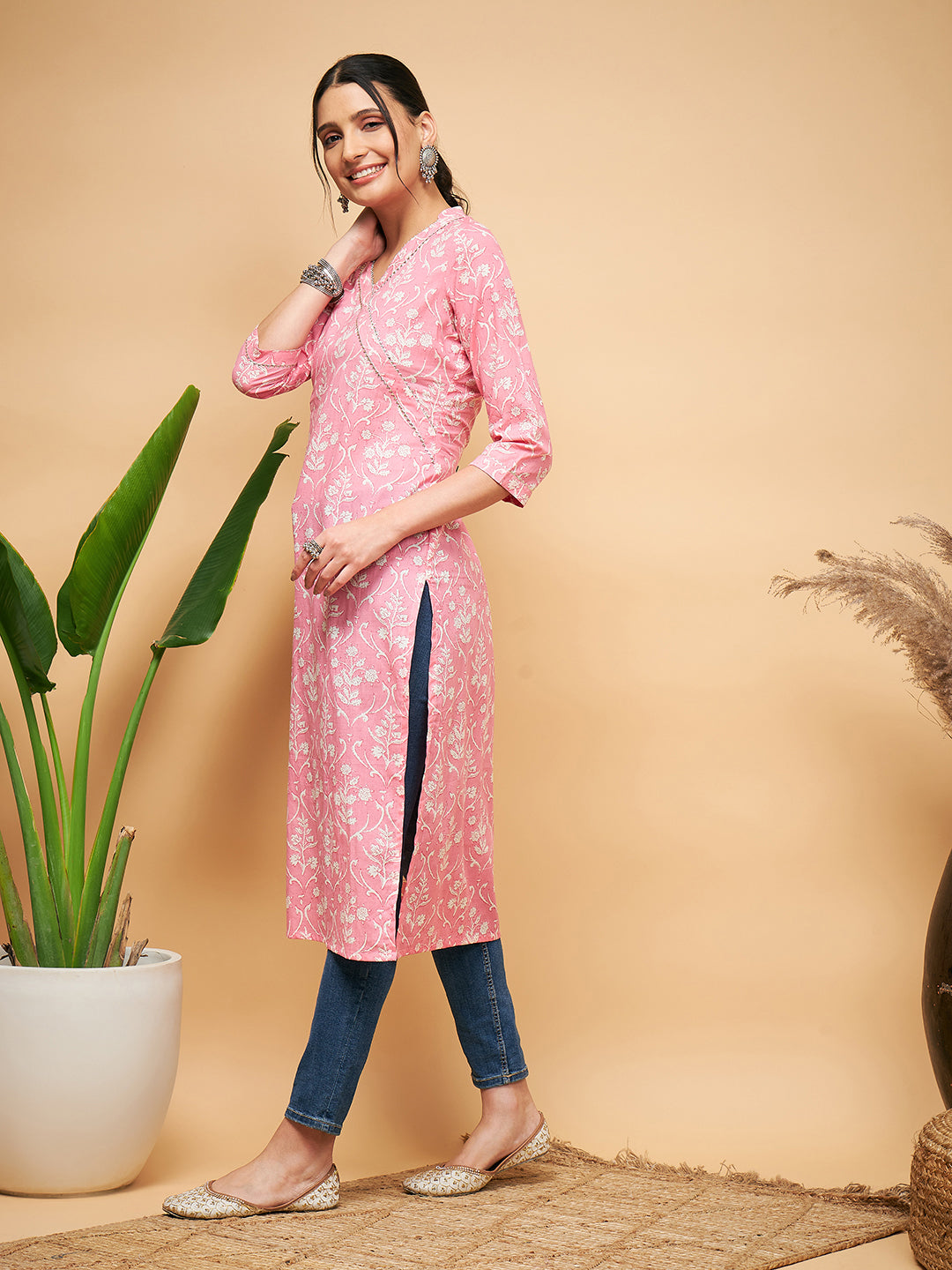 InWeave Women's Light Pink Floral Print Straight Angrakha Gota Kurta - Swadesiicart