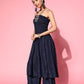 InWeave Women's Navy Blue Mirror Work Off Shoulder Kurta Set - Swadesiicart