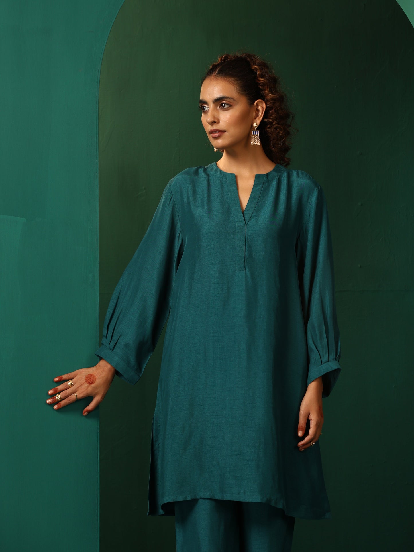 trueBrowns Teal Silk Relaxed Placket Co-ord Set - Swadesiicart