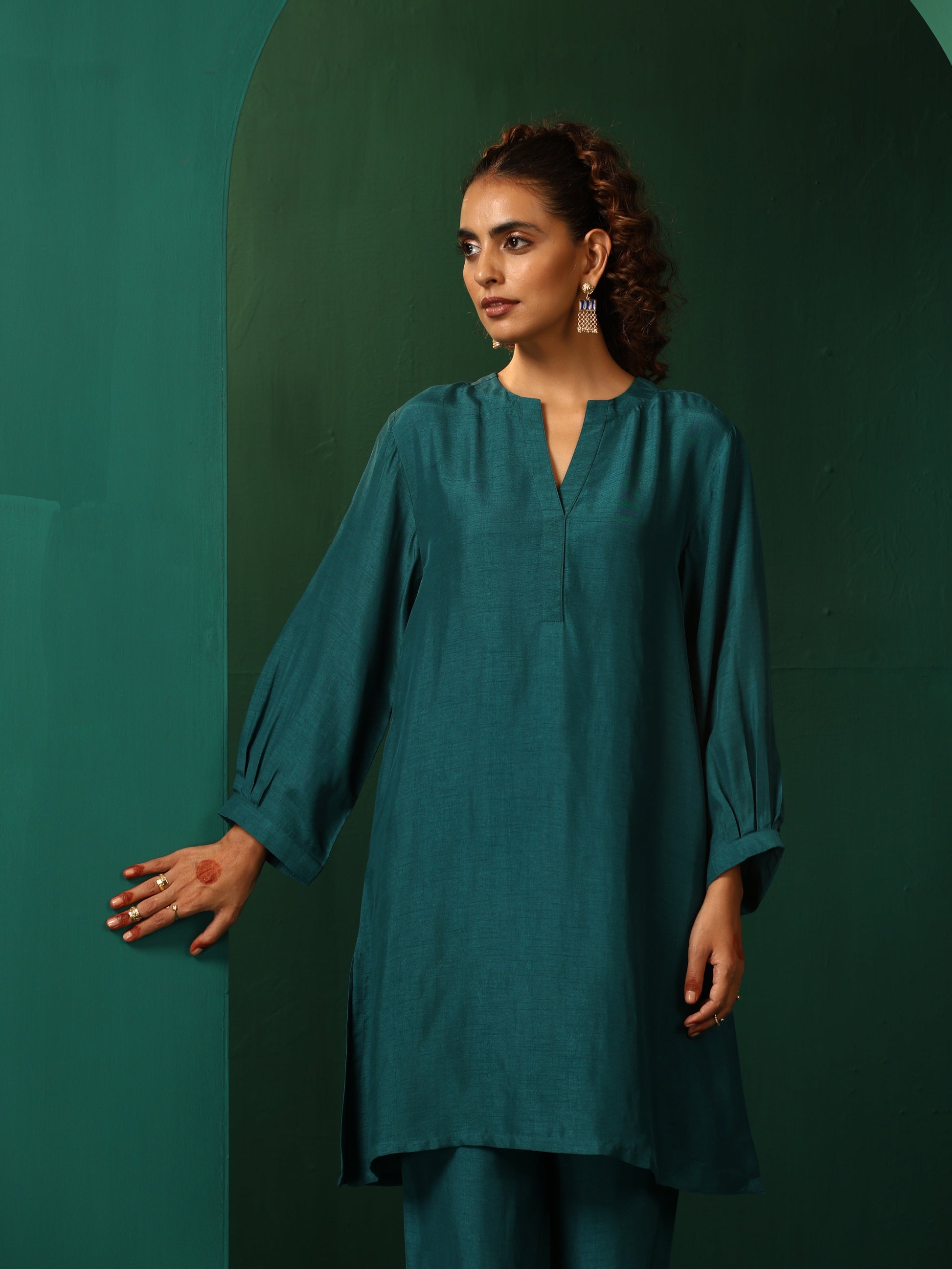 trueBrowns Teal Silk Relaxed Placket Co-ord Set - Swadesiicart