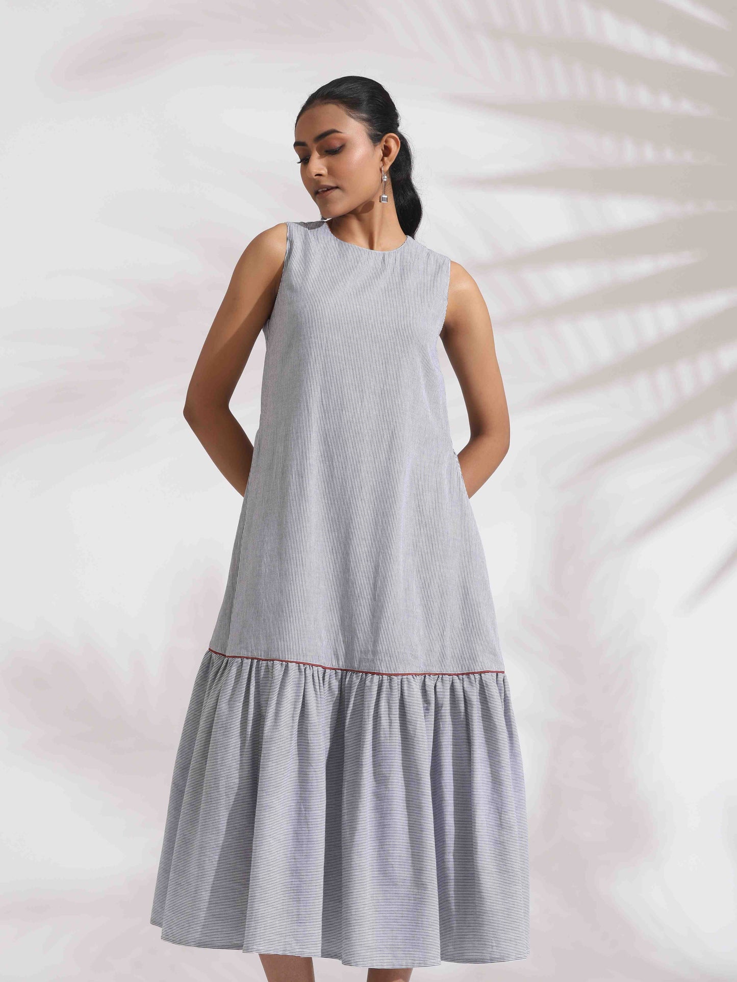 trueBrowns trueBrown Grey Cotton Stripe Tier Dress | Swadesiicart