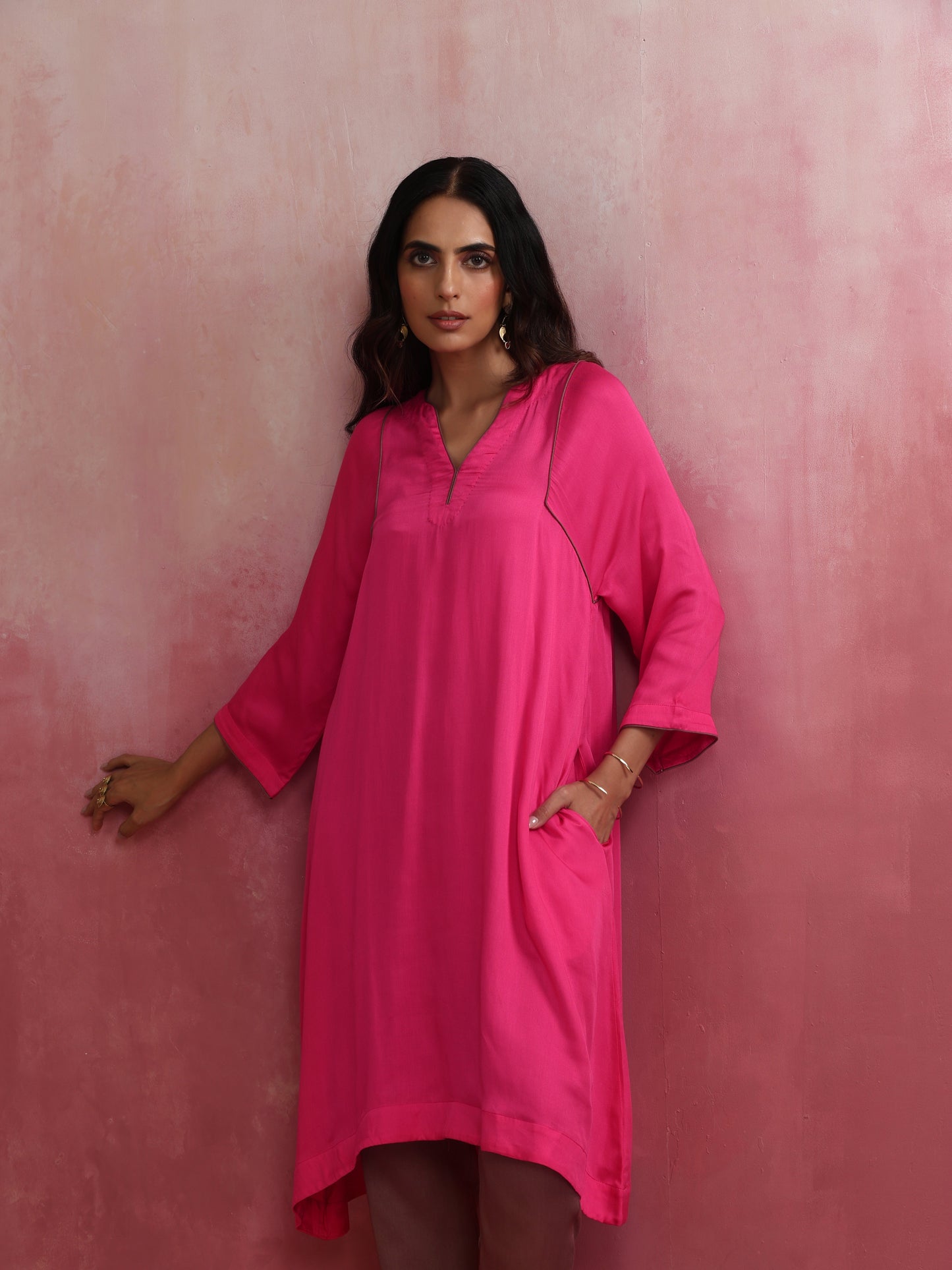 trueBrowns Pink Modal Kimono Kurta Set - Swadesiicart