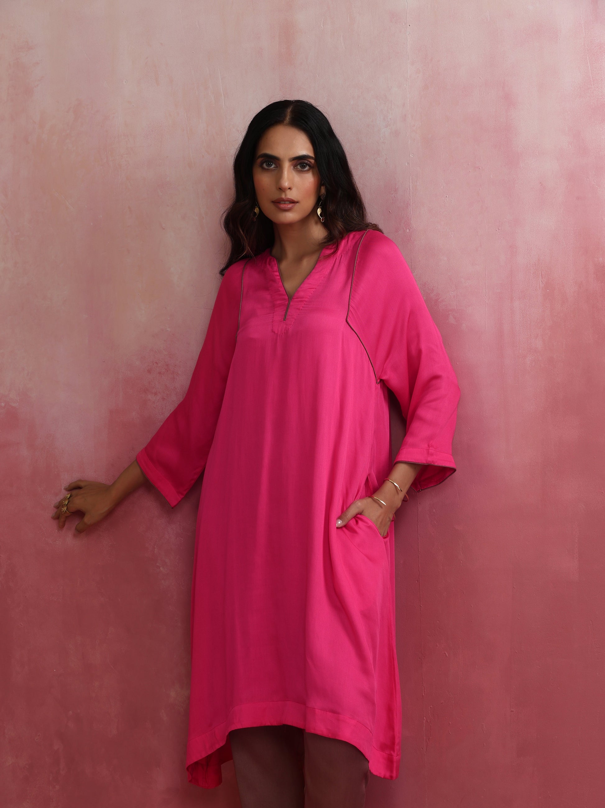 trueBrowns Pink Modal Kimono Kurta Set - Swadesiicart