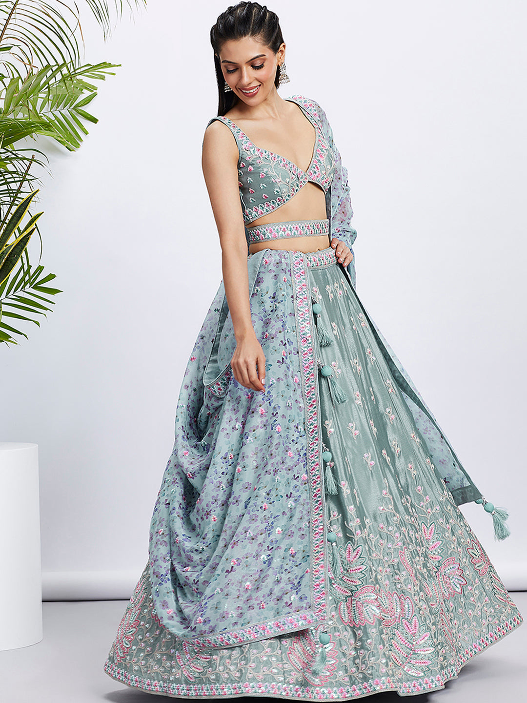 House of Panchhi Pink Georgette Sequins And Thread Embroidery Lehenga Choli & Dupatta | Swadesiicart