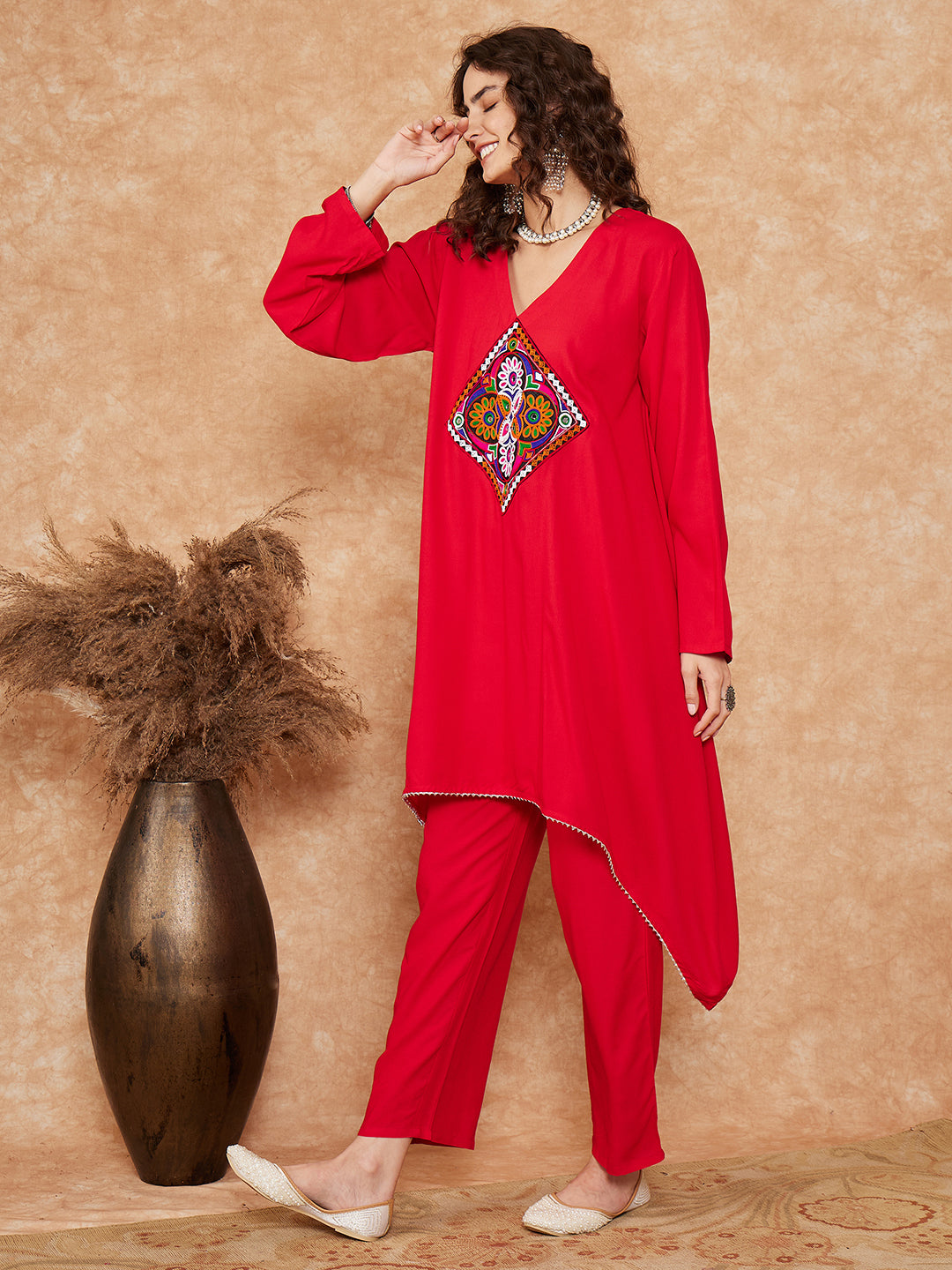 InWeave Women's Red Square Maroon Patch Work Assymentrical Kurta Set - Swadesiicart