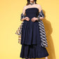 InWeave Women's Navy Mirror Work Off Shoulder Kurta Set With Dupatta - Swadesiicart