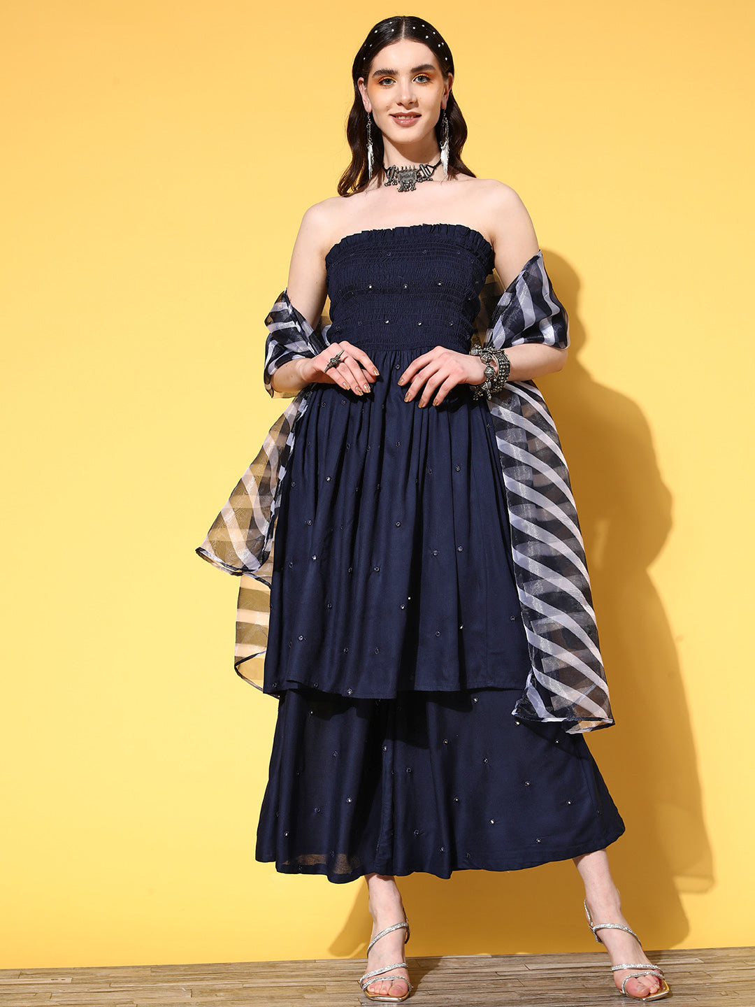 InWeave Women's Navy Mirror Work Off Shoulder Kurta Set With Dupatta - Swadesiicart
