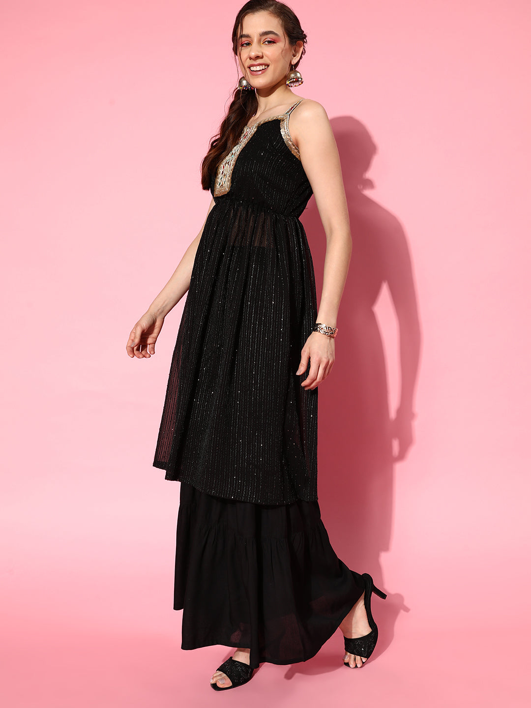 InWeave Women's Black Gota Insert Neckline Sharara Set - Swadesiicart