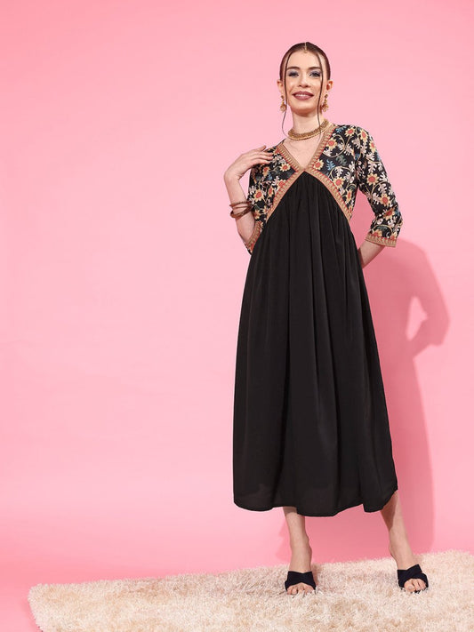 Ahalyaa Floral Printed Empire Midi Dress | Swadesiicart