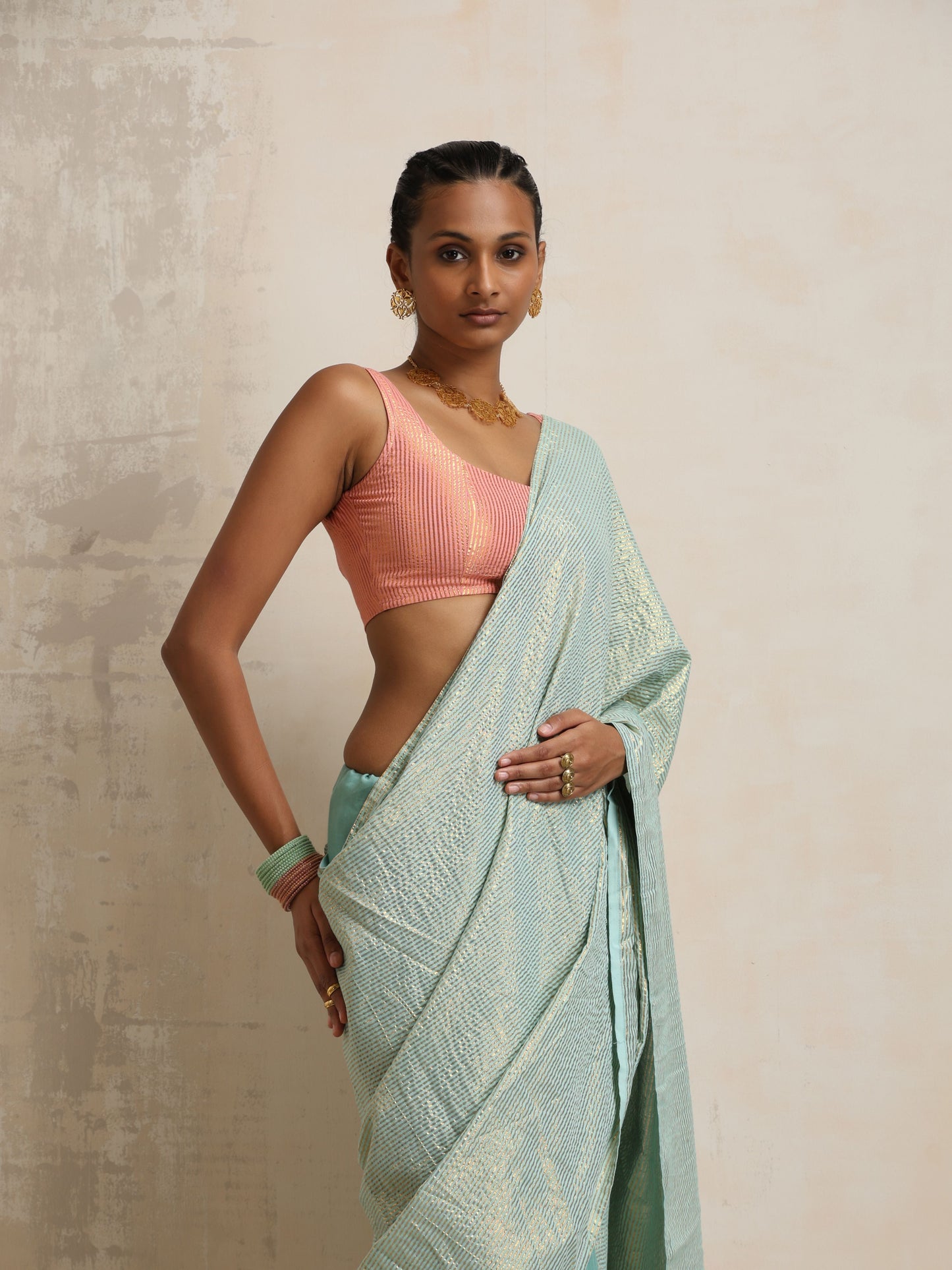 trueBrowns Blue Gold Lurex Ready To Wear Saree | Swadesiicart