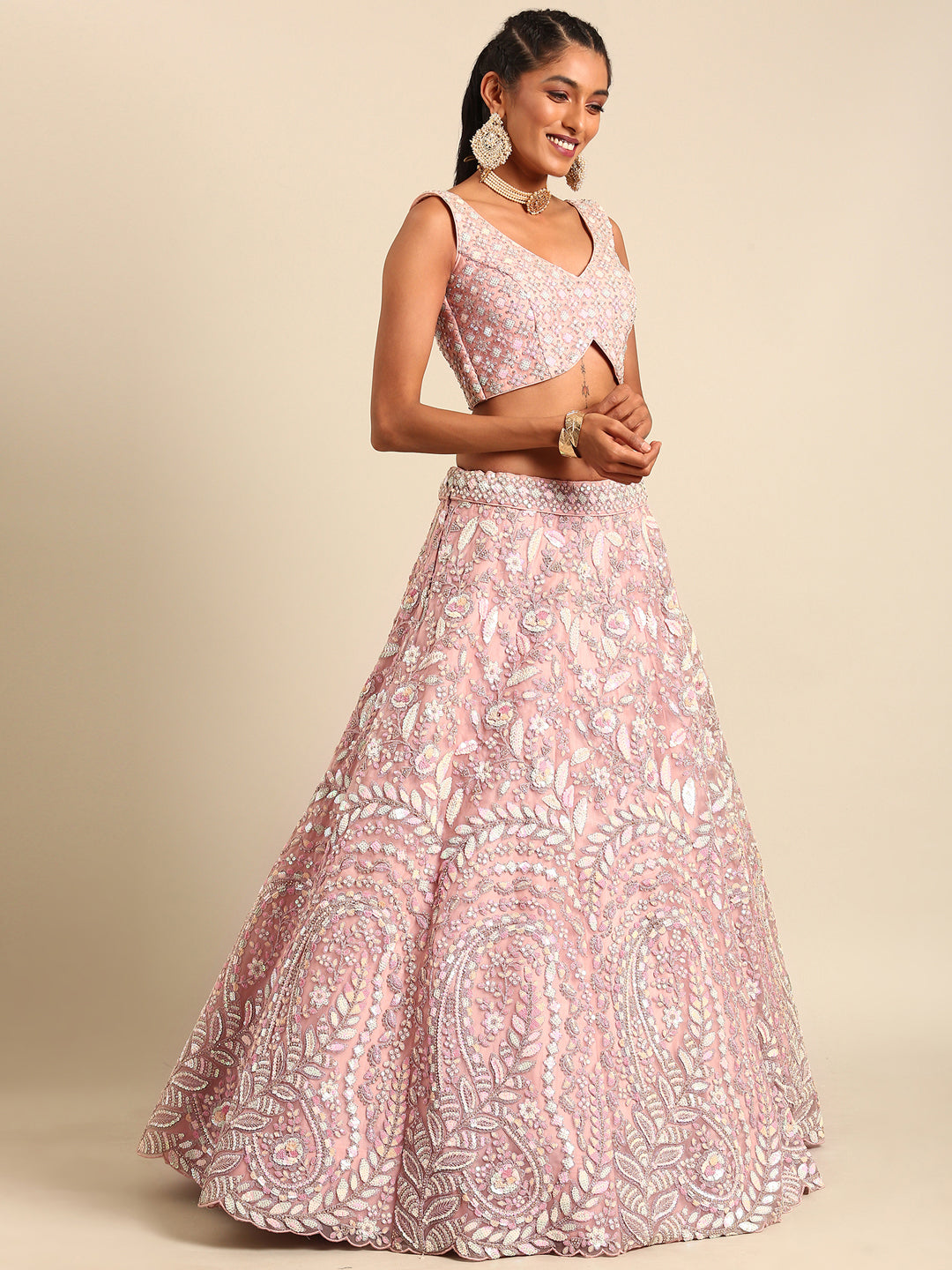 House of Panchhi Pink Net Multi Sequins with heavy Zarkan embroidery Lehenga choli & Dupatta | Swadesiicart
