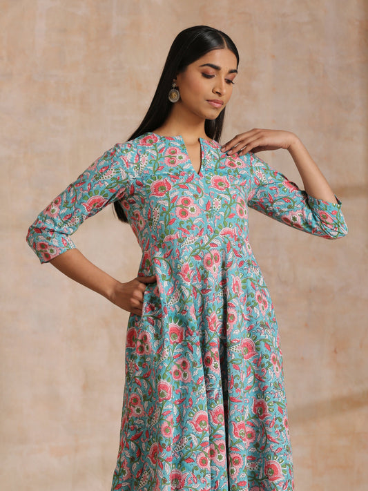 trueBrowns Turkish Blue Overall Floral Block Print Cotton Flared Kurta Pant Set | Swadesiicart
