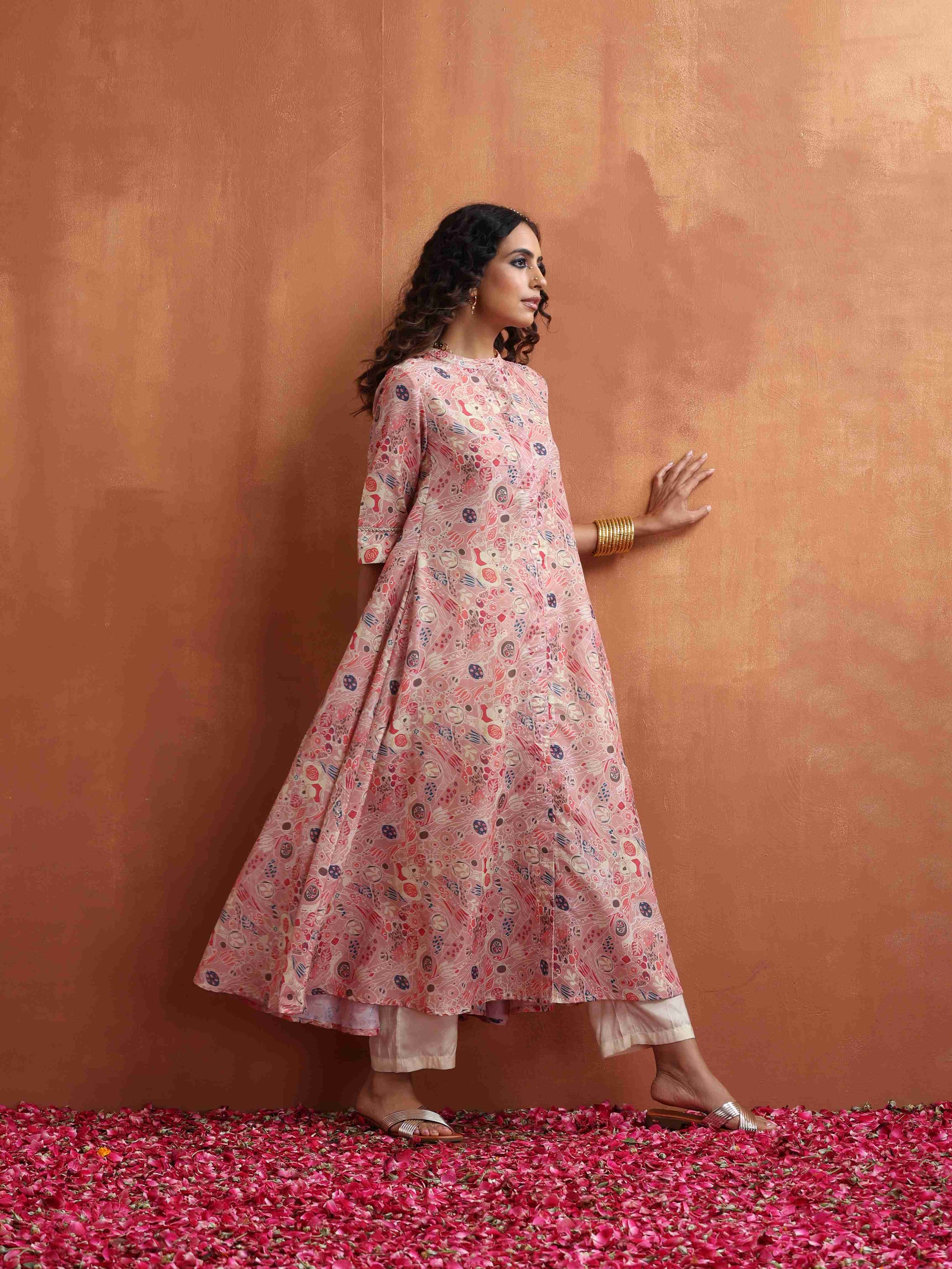 trueBrowns Pink Flared Anarkali Kurta Set | Swadesiicart