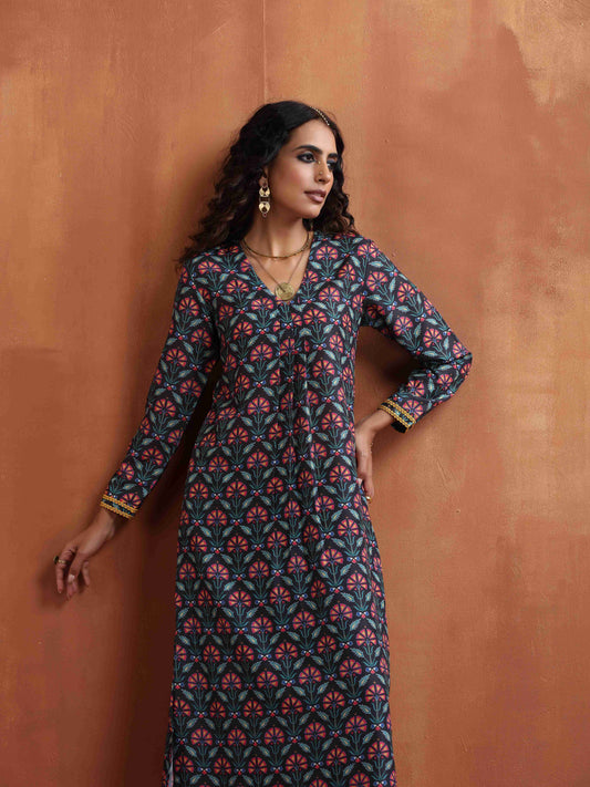 trueBrowns Black Floral Print A-line Kurta Set | Swadesiicart