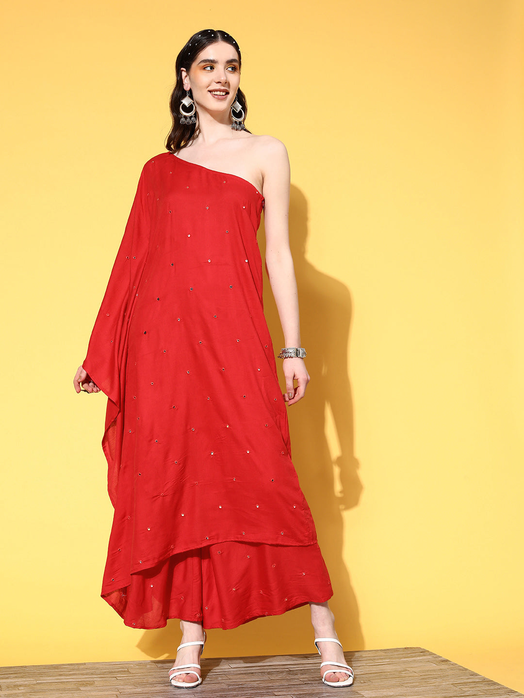 InWeave Women's Red Mirror Work One Shoulder Kurta Set - Swadesiicart