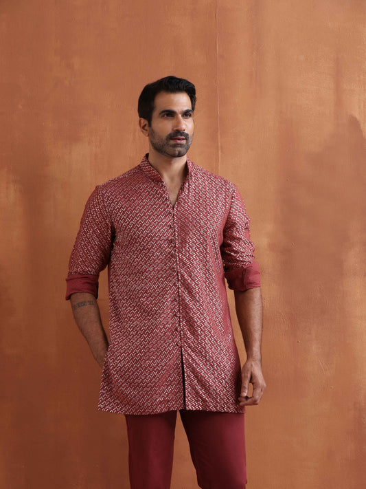 trueBrowns Men's Rust Cotton Dobby Short Kurta | Swadesiicart