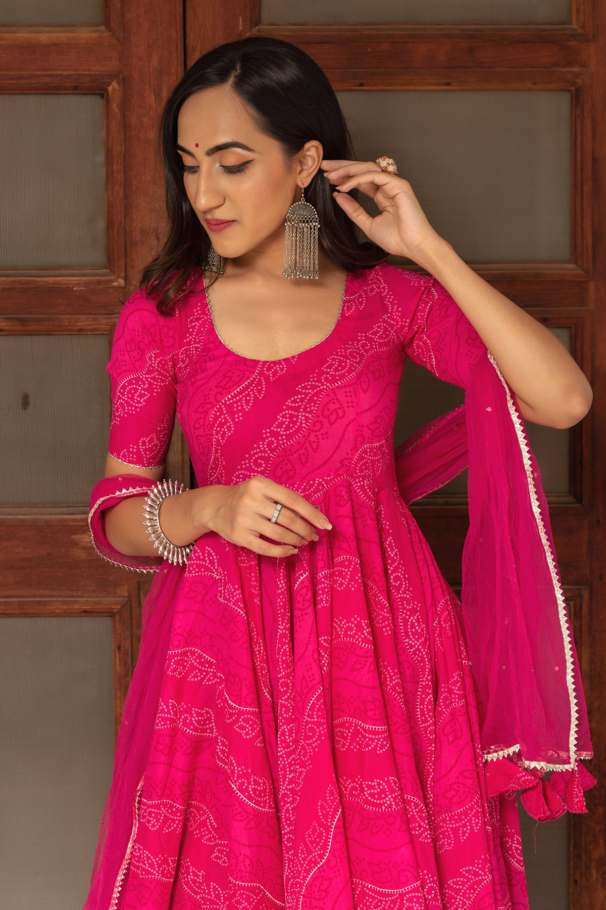 Pomcha Jaipur Bhandhej Pink Cotton Anarkali Set | Swadesiicart