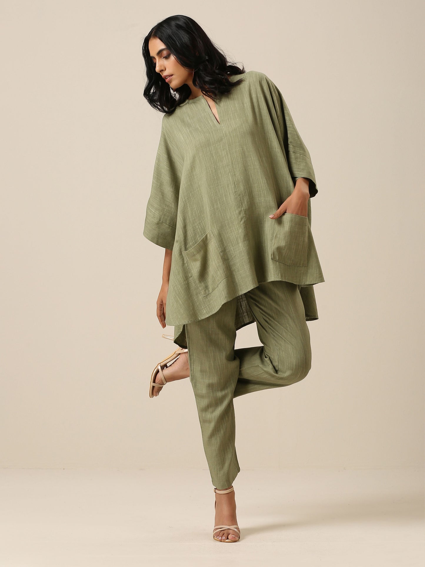 trueBrowns Sage Slub Texture Boxy Fit High Low Co-Ord Set - Swadesiicart