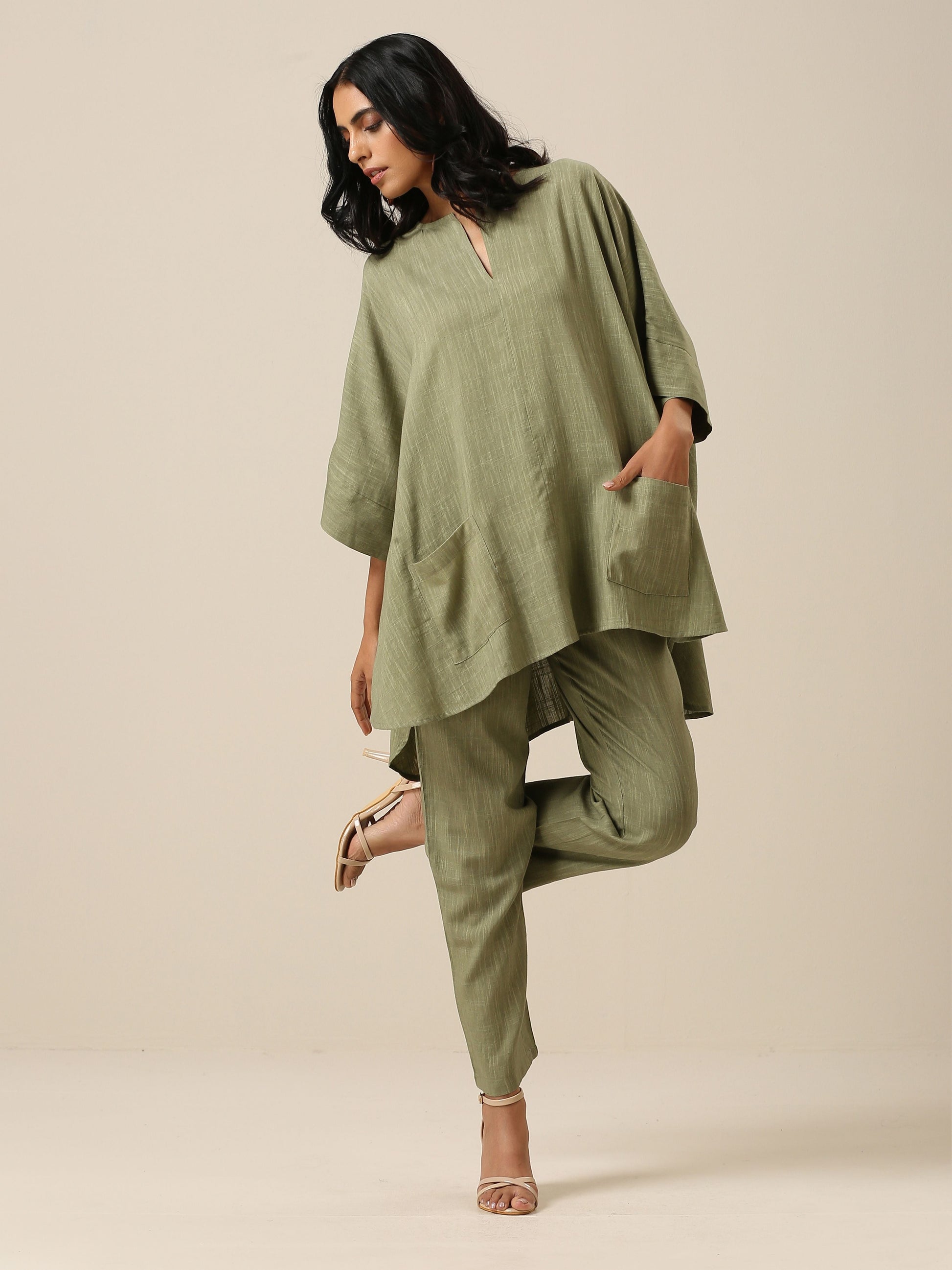 trueBrowns Sage Slub Texture Boxy Fit High Low Co-Ord Set - Swadesiicart