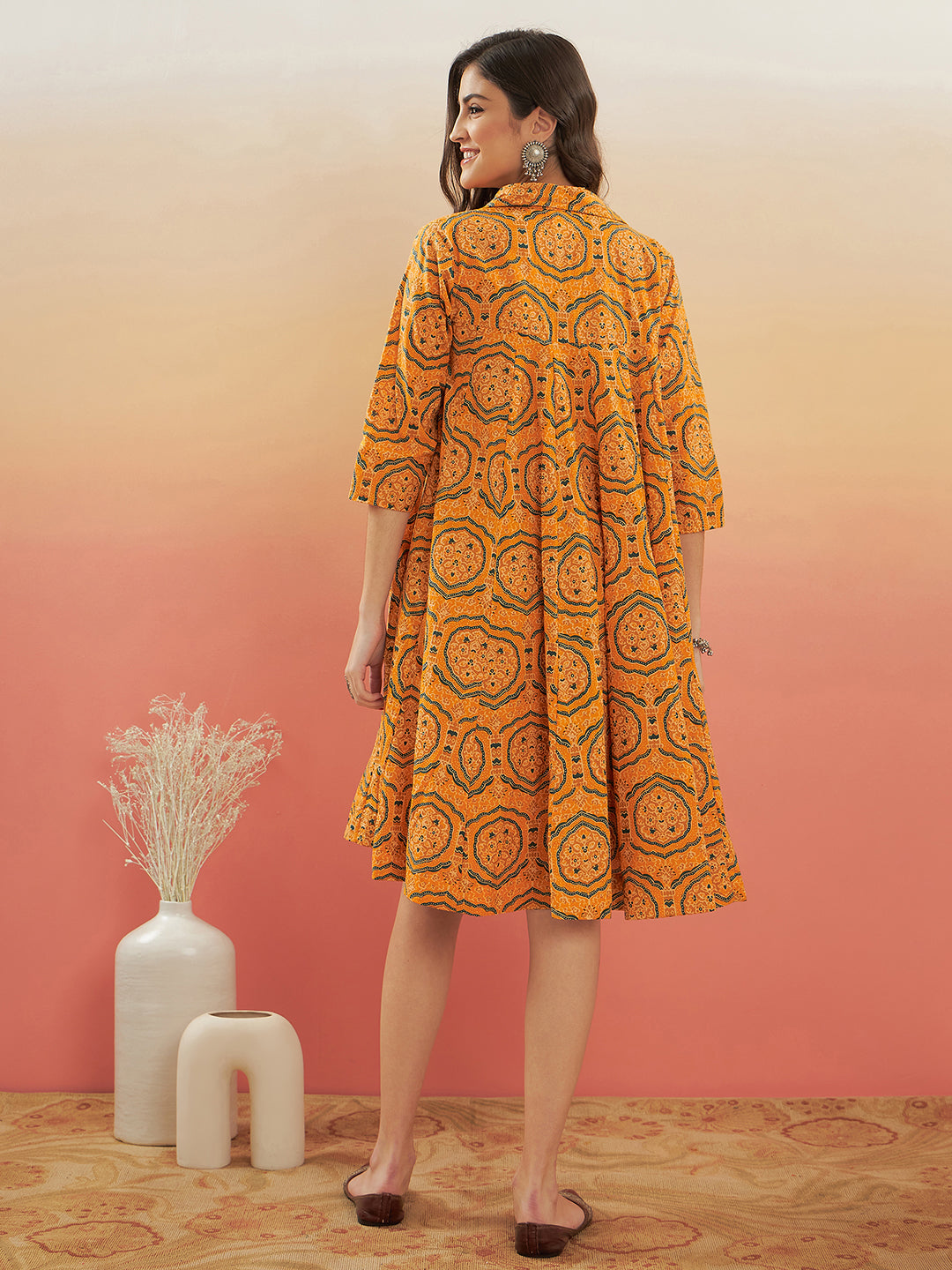 InWeave Women's Haldi Yellow Mughal Kalamkari Flared Dress - Swadesiicart