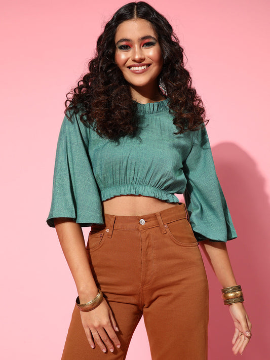 InWeave Women's Teal Blue High Neck Crop Top - Swadesiicart